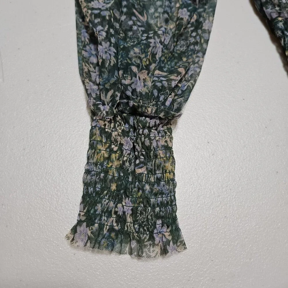 Free People Twyla Floral Sheer Blouse Women XS Ruffled Smocked Green Cottagecore